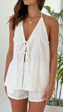 Foridol Bowknot Backless Cotton Casual Women's Suit Top+shorts Matching Set Summer Spring Beach White Set Two Piece Shorts Set