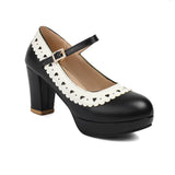 Plus Size 45 Sweet Mary Janes Shoes Women Cute Blue Block High Heels Lolita Pumps Lovely Pink Heart Edge Platform High-heeled