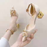 ZOKI Fashion Pearl Buckle Square Heels Pumps Women Pointed Toe Bling Crystal Party Shoes Woman Elegant Med Heels Bride Shoes