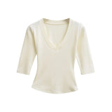 New Pure Desire Casual Style T-Shirt Hot Girl Sexy V-Neck Wool Lyocell Stretch Slim Fit Mid-Sleeve Solid Color Thin T-Shirt WLOC