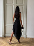 Ahagaga Fashion Women Straps Dresses Solid Square Collar Asymmetricl Bandage Slim Fit Elegant Summer Zipper Female Vestidos Robe
