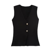 Foridol Gold Button Knitted Tank Top Women Autumn Winter Burgundy Short Vest Sleeveless V Neck Chic New Fashion Tops