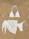 3D Flower with Mesh Sarong Skirt Bikini Women Swimwear Female Swimsuit Three-pieces Bikini Set White Bathing Suit Swim Beachwear