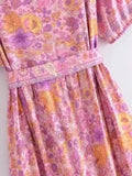 Foridol Single Breasted Bohemian Holiday Summer Women Dress Belt Casual Loose Maxi Floral Dress Short Sleeve Long Viscose Dress