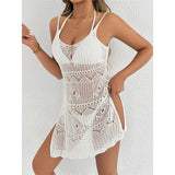 Crochet Knitted Hollow Out Halter Mini Dress Tunic Beach Cover Up Cover-ups Beach Dress Beach Wear Beachwear Female Women V8210