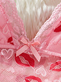 Lips Prints Pink Lace Sexy Lingerie Women See Through Babydoll Dress Slim Soft V Neck Side Opening Sleepwear Festival Gift