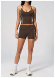 2PCS Women Yoga Sets Color Contrast Hanging Neck V Neck Slimming Sports Tank Top Flip High Waist Shorts Gym Running Fitness Suit