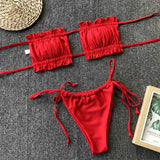 Sexy Pink Bandeau Frilled Bikini Swimsuit Female Swimwear Women Two-Pieces Bikini Set Bather Padded Bathing Suit Swim V1242B