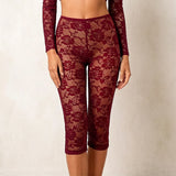 Women Burgundy Floral Lace Capri Leggings Sheer See Through Knee Length Pants High Waist Slim Fit Casual Summer Streetwear