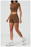 Color Contrast Yoga Suit Women Short Sleeve O Neck Sports T Shirts Tracksuit Outwear High Waist Shorts Gym Running Fitness Suits