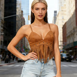 Women Stylish Tassel Trimmed Sleeveless V Neck Spaghetti Strap Crop Vest Summer Solid Color Camisole Tops for Party Nights