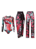 S - XXL 3PCS New Printed Long Sleeve With Pants Sarong Women Swimwear One Piece Swimsuit Female Bather Bathing Suit Swim K7180