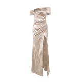 Elegant Satin Solid Color Off-Shoulder Women's Long Dress Sexy High-Waisted Flim Slit Pleated Dress for Lady Party Wedding