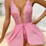 Sensual Lace Hollow Bodysuit  Sexy Crotchless Lingerie Thong Women Erotic Pajamas Teddy Babydoll Dress Deep V Open Bra Porn Set