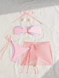 3D flower front tie pink bikinis sets 3pcs with drawstring mesh mini skirt swimsuits bathing suit beach outfits biquini tankini