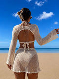 Sexy Metal Buckle Push Up Bikini Set 2026 Women Hollow Out Mesh Long Sleeve Cover Up 3 Piece Swimsuit Pool Bathing Suit Swimwear