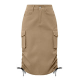 Womens Cargo Midi Skirt High Waist Multi Pocket Pencil Skirt Side Drawstring Ruched Split Hem Bodycon Summer Skirts Streetwear