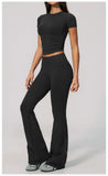 Seamless High Elasticity Yoga Sets Women Short Sleeve O Neck Sports T Shirts Workout Outfits Running Wide Leg Pants Fitness Suit