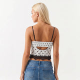 Women Fashion Dot Print Lace Patchwork Crop Tops Summer Slim Camisole Spaghetti Strap Mesh Tank Tops Streetwear
