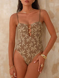 Leaves Printed Mesh Hollow Out Women Swimwear One Piece Swimsuit Female Monokini High Leg Cut Bather Slim Bathing Suit Swim Lady