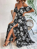 New Summer Women Print Dress 2025 Fashion Elegant  Vacation Party Short Sleeve Slim V-neck Slit Long Dresses Vestidos Para Mujer