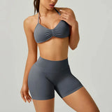 2PCS Backless Sports Bra High-Waisted Yoga Shorts Set Sexy Neck Hanging Design Abdomen Hip Lifting Fitness Outfit
