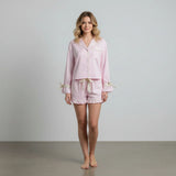Women Spring Summer Striped Print Pajamas Set Long Sleeve Button-up Tops and Ruffle Shorts 2 Piece Sleepwear Outfit