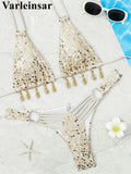 Shiny Sequins Halter Bikini Female Swimsuit Women Swimwear Two-pieces Bikini Set Brazilian Padded Bather Bathing Suit Swim V7619