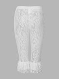 Women Summer Lace Ruffle Capri Leggings Solid Color Sheer Mesh Elastic High Waist See Through Pants