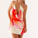 Women Spaghetti Straps Backless Asymmetric Flower Print Mini Dresses Summer Sexy Party Club Slip Dress