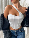 New White Off-the-shoulder Elegant Style Satin Spicy Girl Halter Neck Tank Top Women's Sexy Fishbone Shaping Small Tank Top 1FES