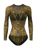 2026 Printed Mesh Swimsuit One Piece & Beach Dress Long Sleeves Swimwear Women Bathing Swimming Swim Suit Padded Beachwear