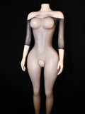 Women Fishnet Bodysuit Off Shoulder One Piece Mesh Body Stocking, Stretchy Black Lingerie with 3/4 Sleeves for Evening Homewear