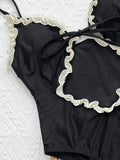 Contrast Color Women One-piece Suit Swimwear Sexy Hollow Out Frill Trim Swimsuit Lace-up Strappy Beachwear Bathing Suits Biquini
