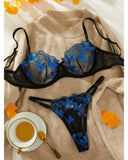Toucheart Sexy Bra Underwear Set For Women Embroidery Butterfly Printing Patchwork Mesh Hollow Out Perspective Underwear Suit