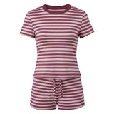 Women's Summer Striped Short Outfits Casual Stylish Short Sleeve Tee Tops and Shorts 2 Pcs Sets Daily Casual Sporty Loungewear