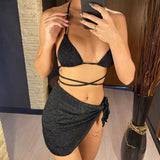 Glitter Sparkling Wrap Around Bikini Women Swimwear Female Swimsuit Three-piece Bikini set Sarong Bather Bathing Suit Swim V3679