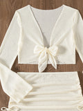Sexy Mesh White 4 Piece Bikini Set 2025 Women Long Sleeve Cover Up with Skirt Swimsuit Beach Bathing Suit Holiday Thong Swimwear