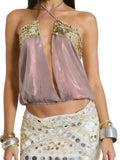 Women Gold Embellished Sheer Chiffon Open Front Camisole Summer Boho Sequin Halter Neck Crop Top for Party Festival