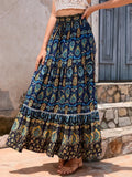 Women's Loose Long Skirt Bohemian Print Elastic Waist Ruffle Flowy Pleated Skirts Summer Beach Party Streetwear