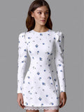 Ahagaga Elegant Women's Mini Dresses Print Heart-shaped Cutout Slim Fit A-Line Regualr Long Sleeves Trend O-Neck Lace Patchwork