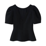 Women's Fashion Casual Bowknot Faux Pearl Puff Sleeve Black Puff Sleeve Bow Detail Peplum Waist Short Sleeve Top For Women Q2Y3