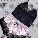Summer Sexy 2 Pieces Pajamas Set for Women Sleepwear Lingerie Lace Silk Crop Tops and Shorts Sets Casual Nightwear Pijamas