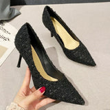Fashion Tweed Cloth Stiletto Heel Pumps Women Elegant Pointed Toe High Heel Shoes Woman Brand Thin Heeled Party Dress Shoes