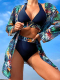 Halter Print Bikini 2026 Women Swimsuit With Kimono High Waist Swimwear Female Bathers Bathing Swimming Swim Suit Beachwear