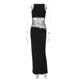 Woman's Elegant Sleeveless Lace Patchwork Evening Dress Black High Street O-neck Backless Hollow Out Slim Long Party Dresses