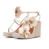 Flower Square Toe High-Heeled Shoes for Women, Slope Heels, Summer Gold One-Piece Sandals High-End Grass Woven Sandals for Women