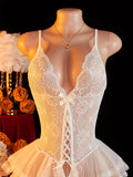 New Crotchless Sexy Lingerie Women Lace Bodysuit Erotic Costumes Teddy Baby Dolls Dress Deep V Open Crotch Porn Underwear Set