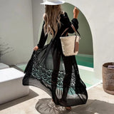 Summer Bikini Cover Up See-through Lace Thin Cardigan Long Sleeves Tassel Sunscreen Lace Up Maxi Dress Summer Beach Dress