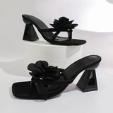 Pink Flower Thick Heeled Sandals Women Elegant Square Toe Party Wedding High Heel Shoes Woman Plus Size 43 Summer Sandalias